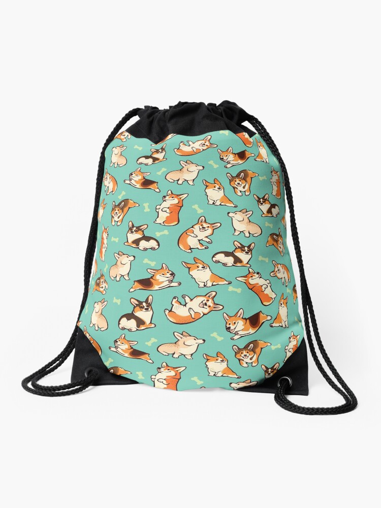 Thumbnail 1 of 3, Drawstring Bag, Jolly corgis in green designed and sold by Colordrilos.