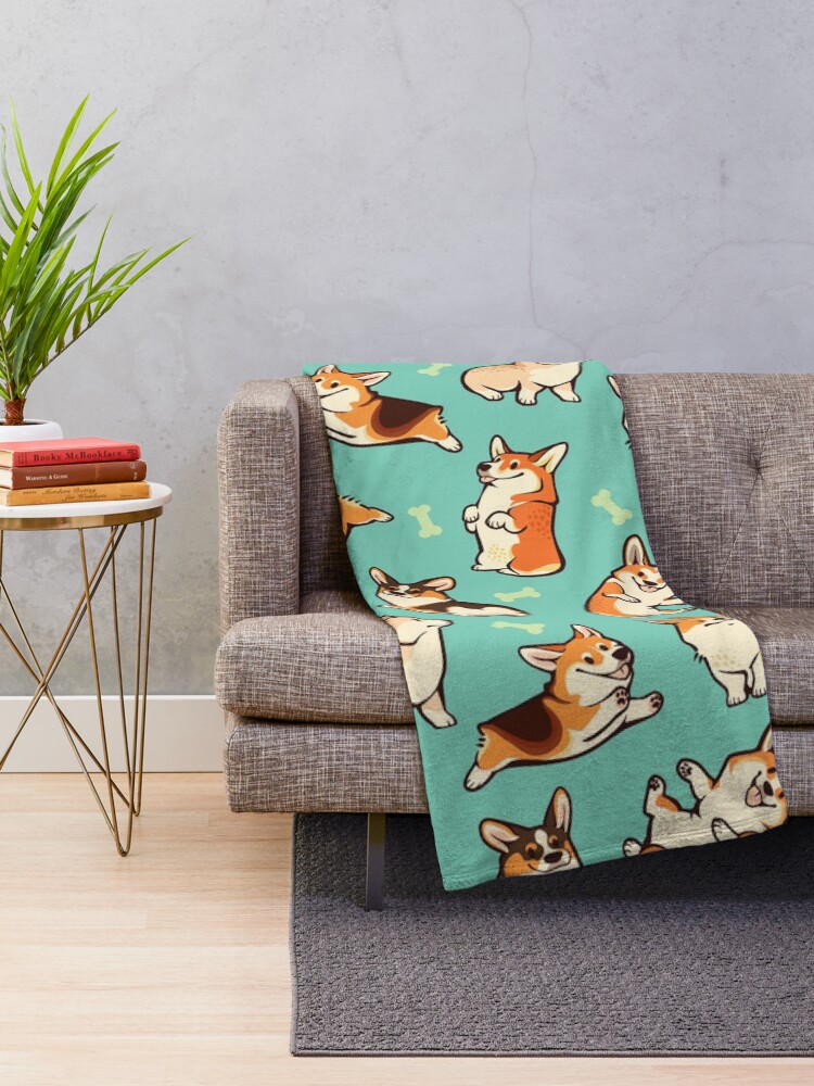 Alternate view of Jolly corgis in green Throw Blanket