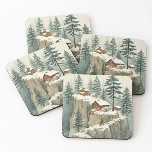 Item preview, Winter Cliff Cabins in Snowy Pine Forest – Cozy Nordic Mountain Illustration by NegarTv Designs designed and sold by NegarTv Designs.
