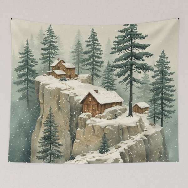 Item preview, Winter Cliff Cabins in Snowy Pine Forest – Cozy Nordic Mountain Illustration by NegarTv Designs designed and sold by NegarTv Designs.