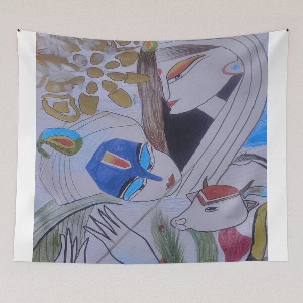 Item preview, Abstract Radha Krishna Art – Spiritual Love Illustration with Cow & Peacock Feather designed and sold by AkkoAkko.