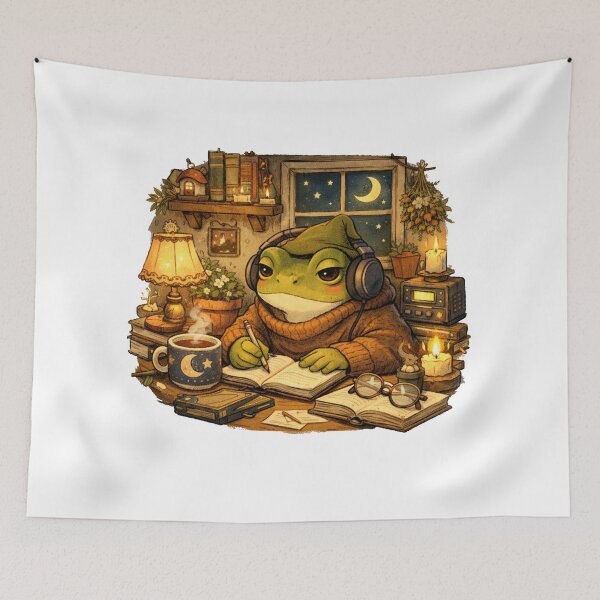 Item preview, Cozy Lo-Fi Study Frog Aesthetic – Late Night Focus, Cottagecore Desk Vibes designed and sold by PopPizzazz.