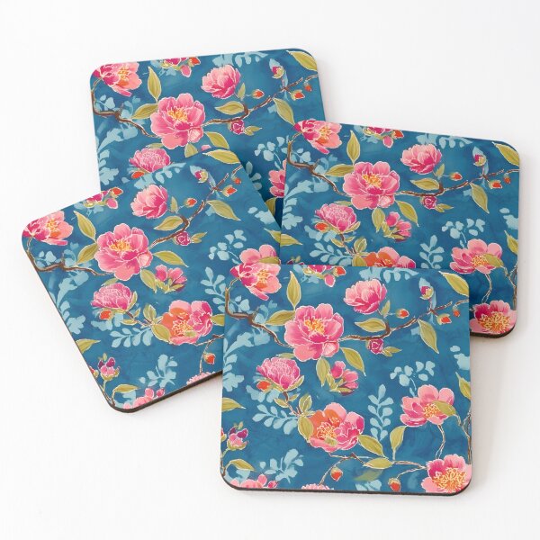 Item preview, Preppy chinoiserie flowers on teal blue watercolor designed and sold by SophieClimaArt.
