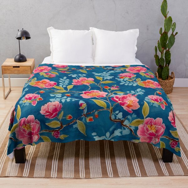Item preview, Preppy chinoiserie flowers on teal blue watercolor designed and sold by SophieClimaArt.