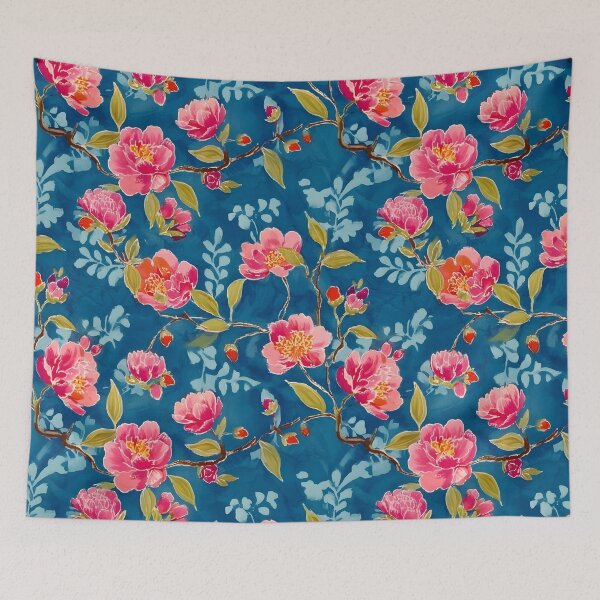 Item preview, Preppy chinoiserie flowers on teal blue watercolor designed and sold by SophieClimaArt.