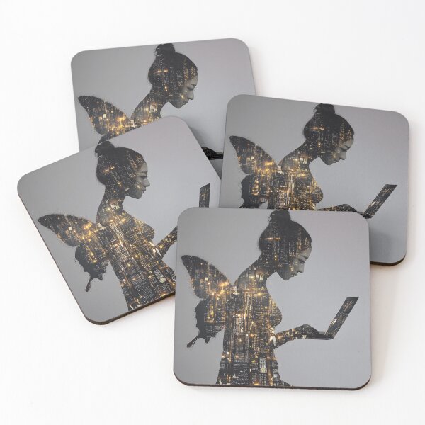 Item preview, Urban Fairy – Double Exposure Silhouette with Wings and Cityscape Glow designed and sold by Mystikos Art.