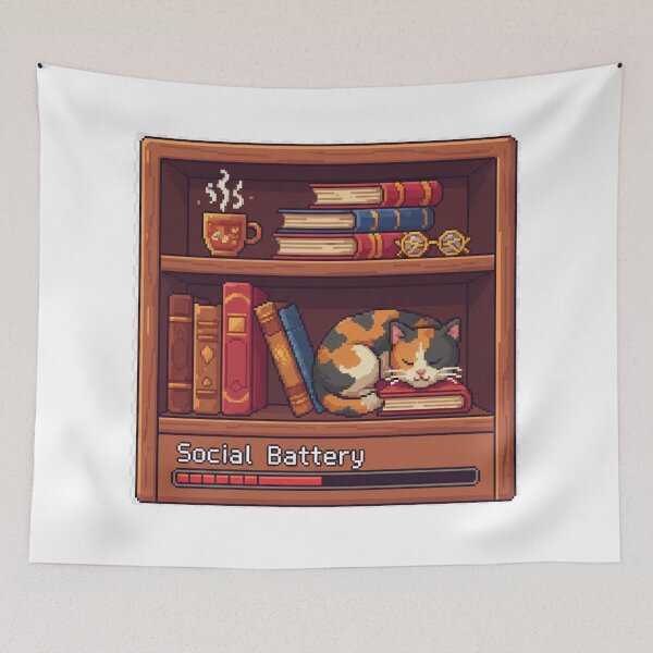 Item preview, Cozy 16-Bit Pixel Art Bookshelf Sticker – Social Battery Low Introvert Gift – Retro Gaming Aesthetic – Calico Cat & Tea Digital Illustration designed and sold by kinany00.