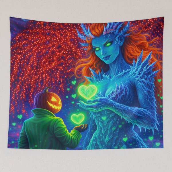 Item preview, Headless Horseman & Ice Goddess Romance – Fantasy Art Neon Love Illustration designed and sold by TheHorsemanRidesAgain.