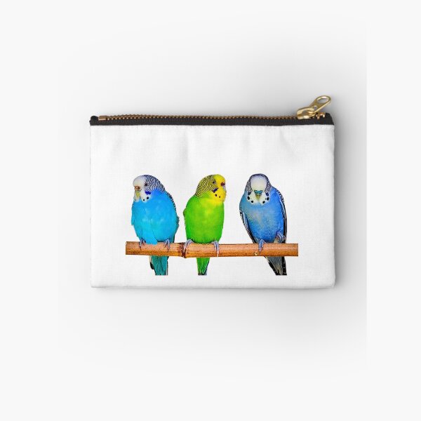 Item preview, Three Colorful Budgies on a Perch – Vibrant Parakeet Photography designed and sold by BlueRidgeBazaar.