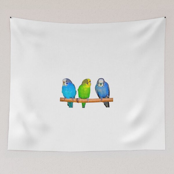 Item preview, Three Colorful Budgies on a Perch – Vibrant Parakeet Photography designed and sold by BlueRidgeBazaar.