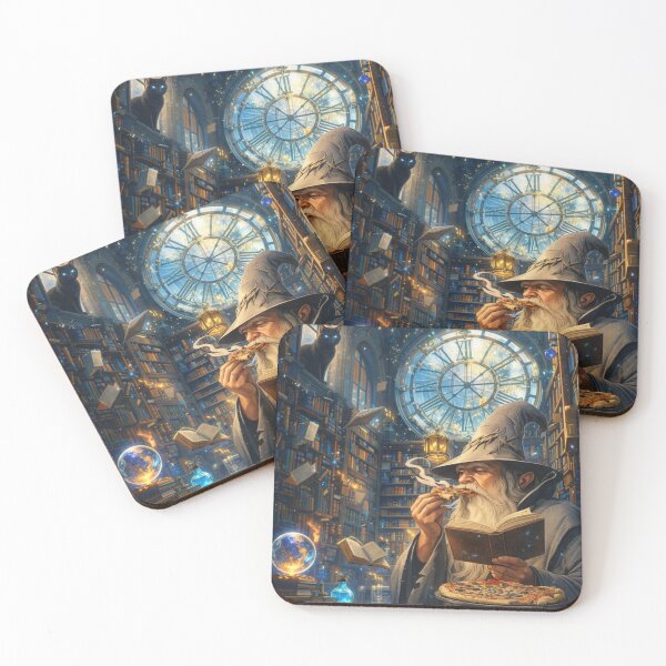 Item preview, Wizard Reading Book While Eating Pizza Fantasy Library Art designed and sold by ArgentoArt.