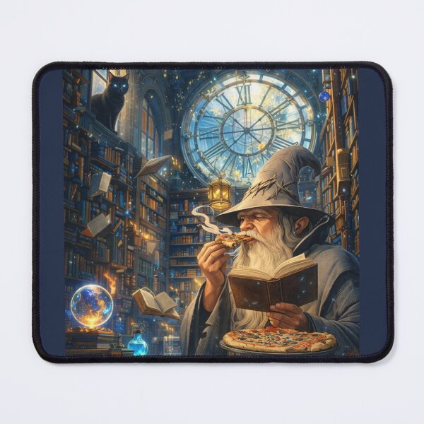 Item preview, Wizard Reading Book While Eating Pizza Fantasy Library Art designed and sold by ArgentoArt.