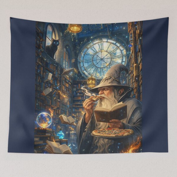 Item preview, Wizard Reading Book While Eating Pizza Fantasy Library Art designed and sold by ArgentoArt.