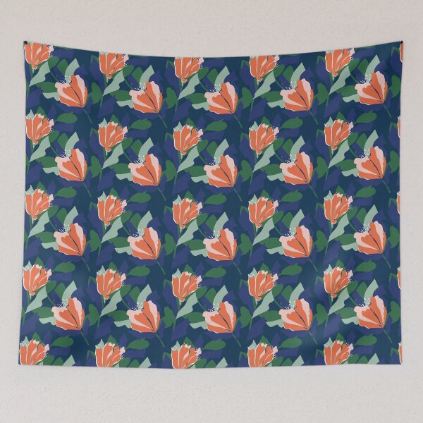 Item preview, Patrón floral en negrita naranja y verde en una base azul marino designed and sold by Pattern-Design.
