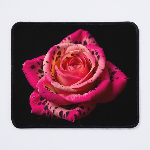 Item preview, Strikingly beautiful pink and red rose with unique speckled petals, a vibrant bloom captured against a deep, mysterious black background, highlighting its intricate natural beauty	 designed and sold by FRH Design ⭐⭐⭐⭐⭐.