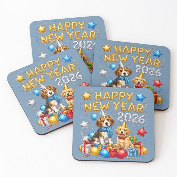 Item preview, Cute Beagle & Golden Retriever Puppy Happy New Year 2026 | Gifts & Star Balloons Party designed and sold by E-SarnEdge.