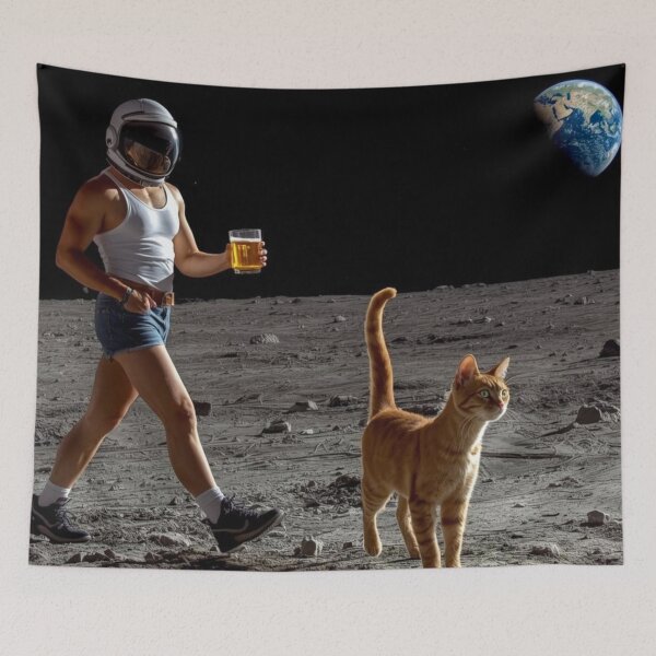 Artikelvorschau, Neil Armstrong auf dem Mond in Freizeitkleidung mit seiner Katze | Verspielte Weltraumkunst entworfen und verkauft von Chippychips1.