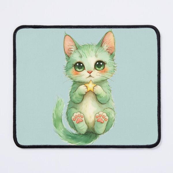 Item preview, Adorable pastel green kitten holding a star in whimsical watercolor designed and sold by FRH Design ⭐⭐⭐⭐⭐.