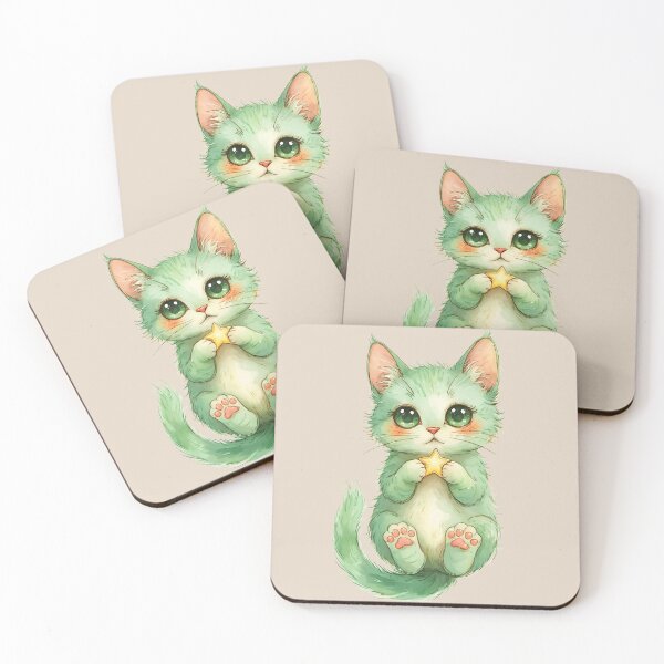 Item preview, Adorable pastel green kitten holding a star in whimsical watercolor designed and sold by FRH Design ⭐⭐⭐⭐⭐.