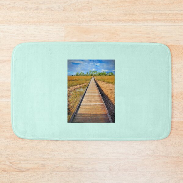 Item preview, Wooden Boardwalk Through Marshland – Peaceful Coastal Landscape Photography designed and sold by BlueRidgeBazaar.