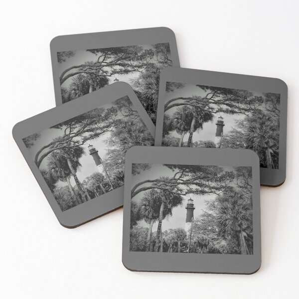 Item preview, Lighthouse Through Palms – Black and White Coastal Photography designed and sold by BlueRidgeBazaar.
