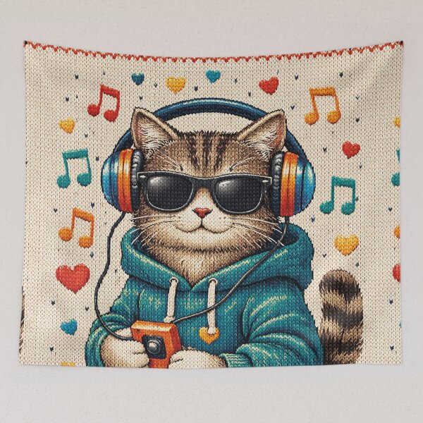 Item preview, Cool cat listening to music, knitted picture designed and sold by Mauswohn.
