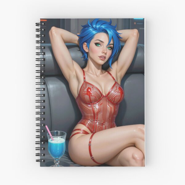 Item preview, Cipher Blue Hair Cyberpunk Woman Red Tech Bodysuit designed and sold by CathryneDelamort.
