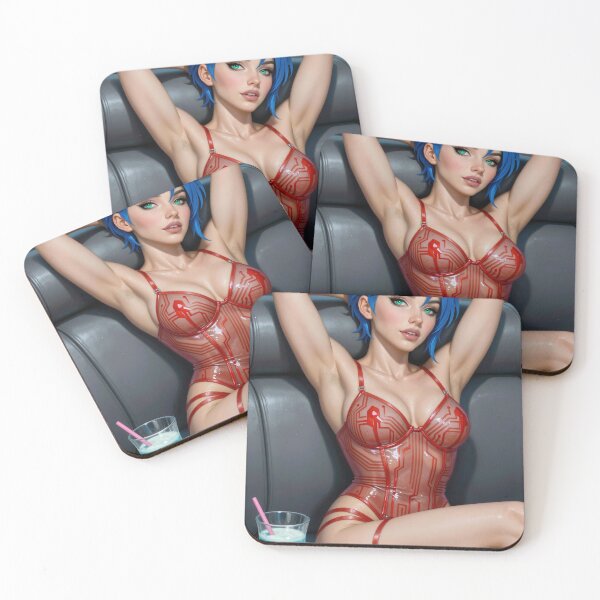 Item preview, Cipher Blue Hair Cyberpunk Woman Red Tech Bodysuit designed and sold by CathryneDelamort.