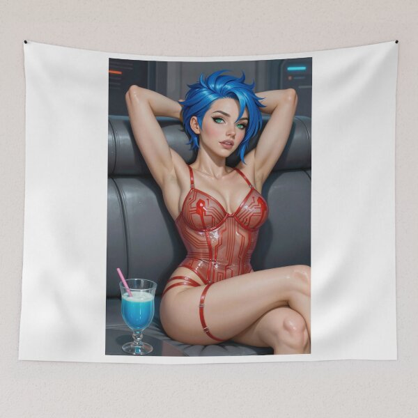Item preview, Cipher Blue Hair Cyberpunk Woman Red Tech Bodysuit designed and sold by CathryneDelamort.