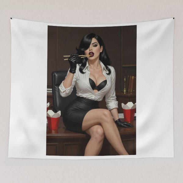 Item preview, Cassandra eats leftovers with chopsticks in office designed and sold by CathryneDelamort.