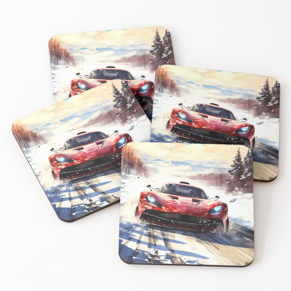 Item preview, Red hybrid hypercar attacking snowy mountain road designed and sold by RevUpDesign.