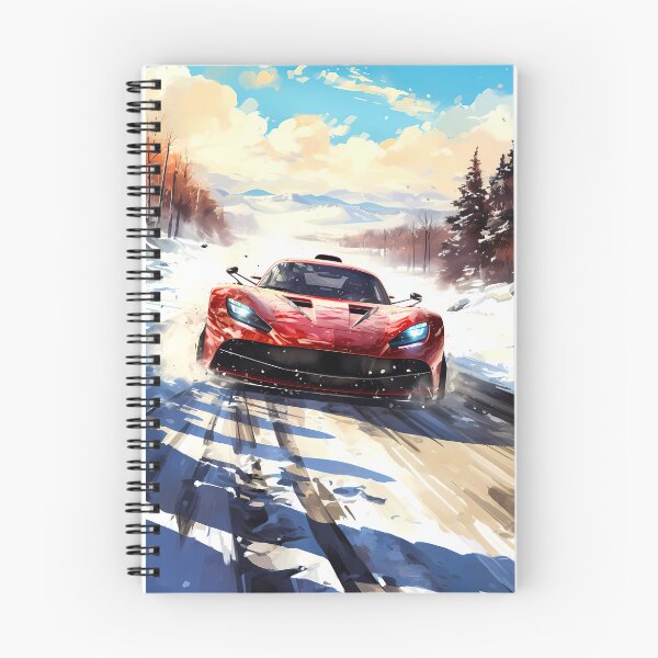 Item preview, Red hybrid hypercar attacking snowy mountain road designed and sold by RevUpDesign.