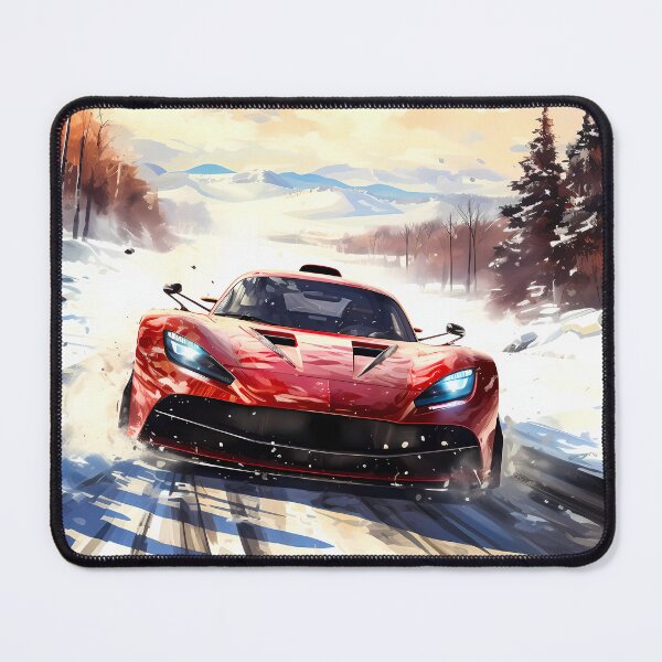 Item preview, Red hybrid hypercar attacking snowy mountain road designed and sold by RevUpDesign.