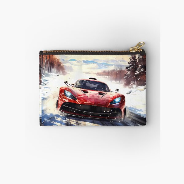 Item preview, Red hybrid hypercar attacking snowy mountain road designed and sold by RevUpDesign.