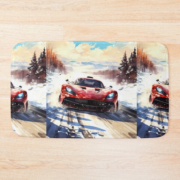 Item preview, Red hybrid hypercar attacking snowy mountain road designed and sold by RevUpDesign.