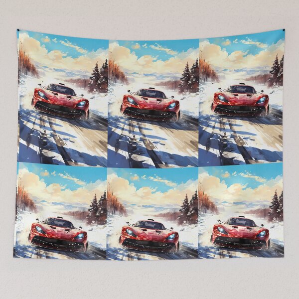 Item preview, Red hybrid hypercar attacking snowy mountain road designed and sold by RevUpDesign.