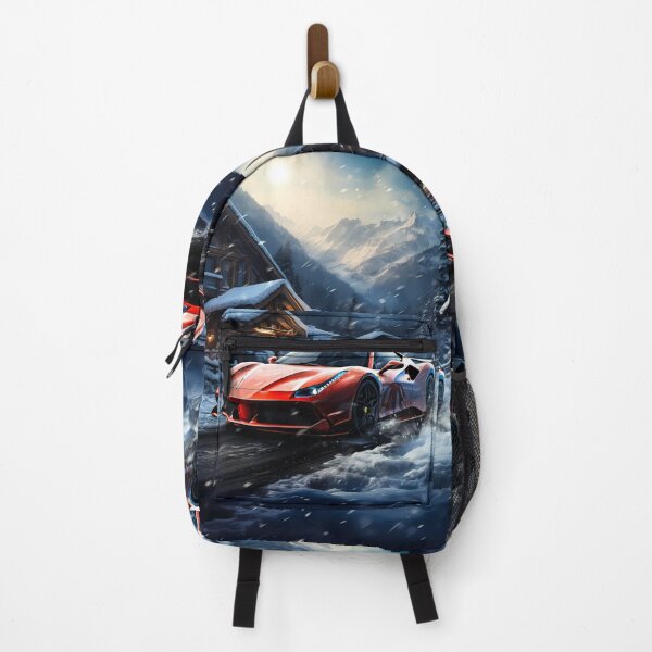 Item preview, Supercar sprinting through snow flurries below towering peaks designed and sold by RevUpDesign.