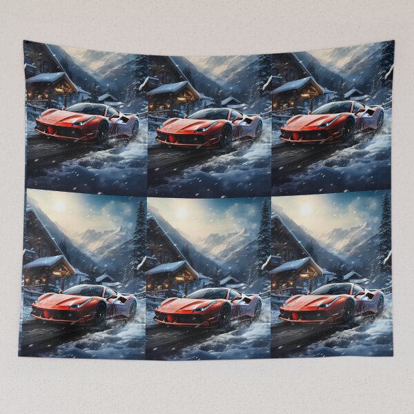 Item preview, Supercar sprinting through snow flurries below towering peaks designed and sold by RevUpDesign.