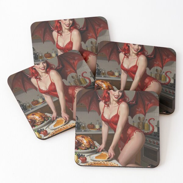 Item preview, Red horned demon woman in kitchen with leftovers designed and sold by CathryneDelamort.