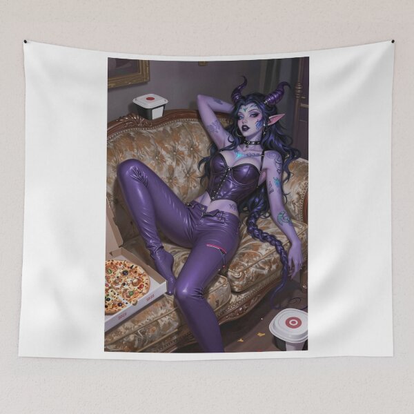 Item preview, Purple demon lounges couch with pizza leftovers designed and sold by CathryneDelamort.