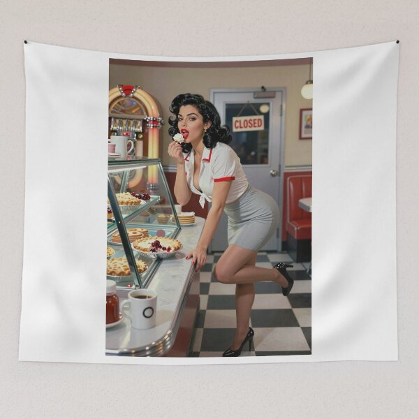 Item preview, Vintage diner waitress sips dessert leftovers designed and sold by CathryneDelamort.