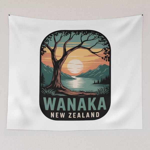 Item preview, Wanaka New Zealand Travel  – Sunset Lake & Mountain Landscape Illustration designed and sold by VividOrganica.
