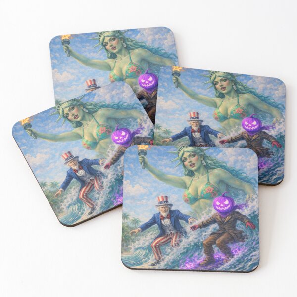 Item preview, Headless Horseman Surfing with Lady Liberty & Uncle Sam — Fantasy Art Beach Illustration designed and sold by TheHorsemanRidesAgain.