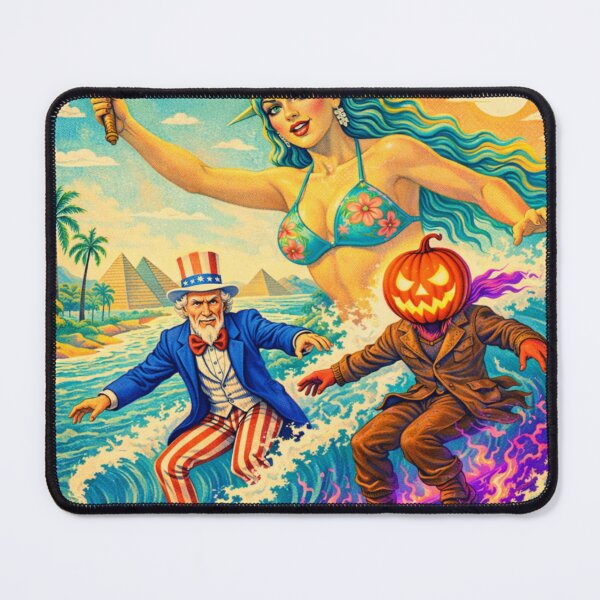 Item preview, Headless Horseman Surfing with Lady Liberty & Uncle Sam — Mid Century Retro Pop Illustration designed and sold by TheHorsemanRidesAgain.