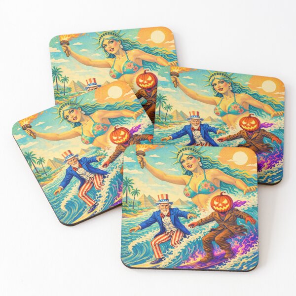 Item preview, Headless Horseman Surfing with Lady Liberty & Uncle Sam — Mid Century Retro Pop Illustration designed and sold by TheHorsemanRidesAgain.