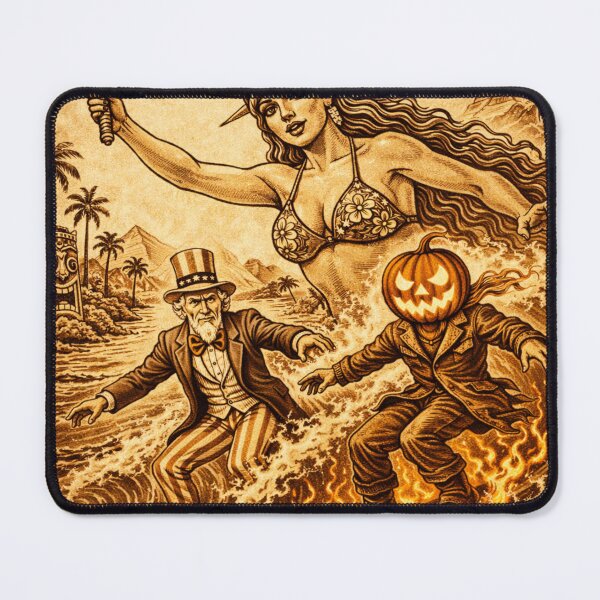Item preview, Headless Horseman Surfing with Lady Liberty & Uncle Sam — Retro Tiki Ink Style designed and sold by TheHorsemanRidesAgain.