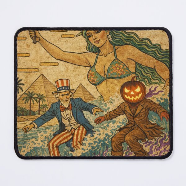 Item preview, Headless Horseman Surfing with Lady Liberty & Uncle Sam — Ancient Egyptian Style designed and sold by TheHorsemanRidesAgain.
