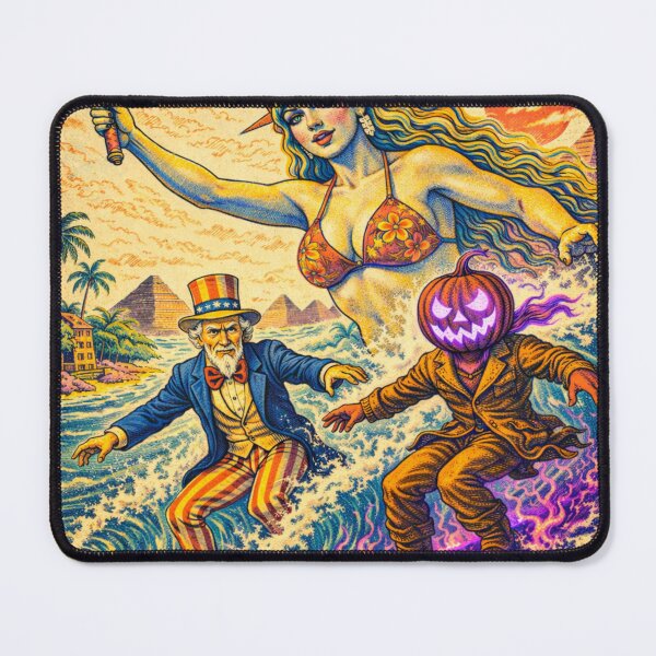 Item preview, Headless Horseman Surfing with Lady Liberty & Uncle Sam — Retro Ink Poster Style designed and sold by TheHorsemanRidesAgain.
