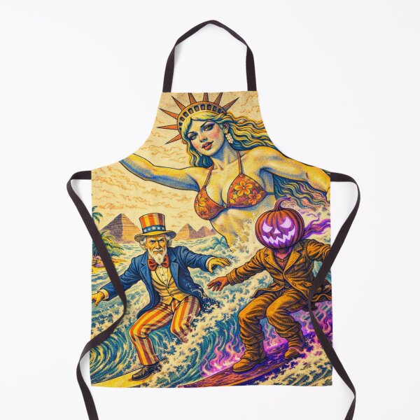 Item preview, Headless Horseman Surfing with Lady Liberty & Uncle Sam — Retro Ink Poster Style designed and sold by TheHorsemanRidesAgain.