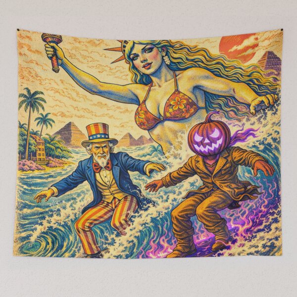 Item preview, Headless Horseman Surfing with Lady Liberty & Uncle Sam — Retro Ink Poster Style designed and sold by TheHorsemanRidesAgain.